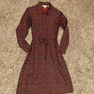 People Tree Rust Brown Long-Sleeve Floral Shirt Dress with Blue Accents